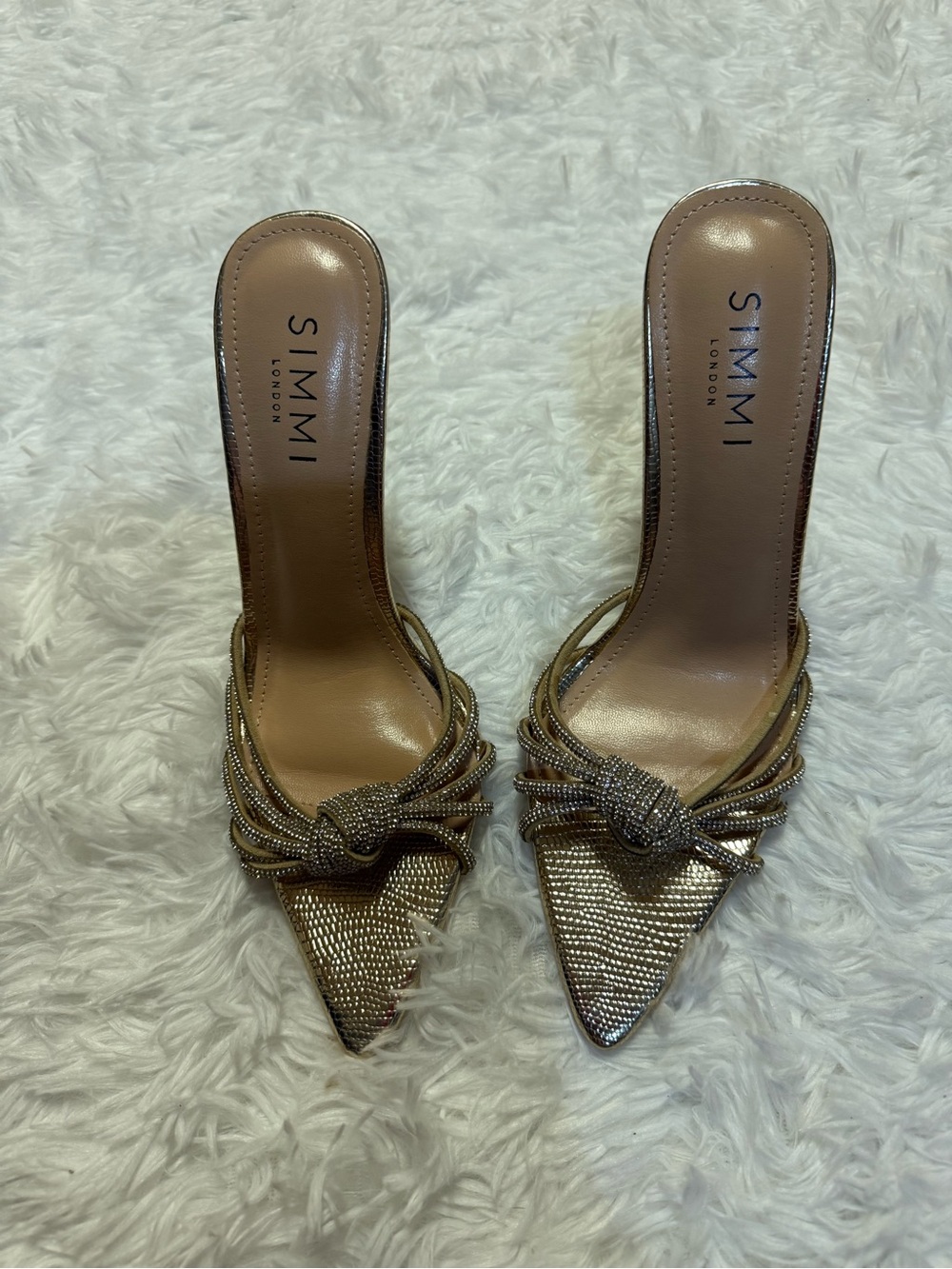 Simmi London AUBREE Gold Faux Snake Print Diamante Knot Mules